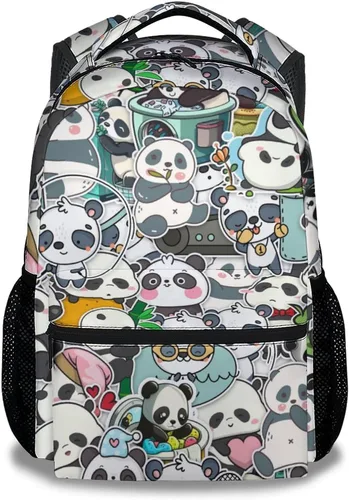 Vista 10 de Mochila Panda para niñas y niños, mochilas negras de 16 pulgadas para la escuela, bonita bolsa ligera y duradera para niños