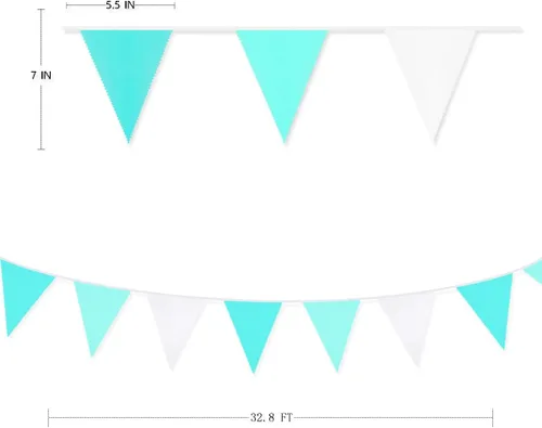 Vista 7 de Pancarta verde aguamarina de 32 pies para decoración de fiesta, bandera triangular, banderines de tela para boda, cumpleaños, compromiso, novia
