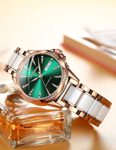 Vista 7 de OLEVS Reloj automático de cara grande para mujer, reloj de vestir automático acentuado con diamantes para mujer, cristal de zafiro resistente al