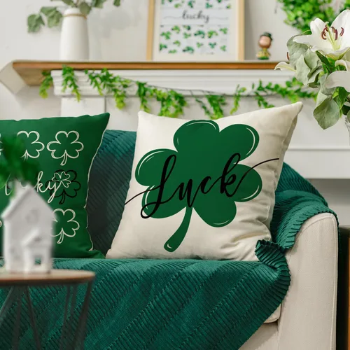 Vista 5 de AVOIN colorlife Juego de 4 fundas de almohada de trébol de la suerte del día de San Patricio, 16 x 16 pulgadas, decoración de la suerte verde
