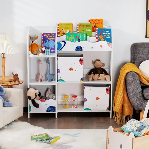 Vista 2 de Costzon Organizador de juguetes y libros para niños, estantería de almacenamiento de madera con 5 estantes abiertos, 2 cajas de almacenamiento y 3