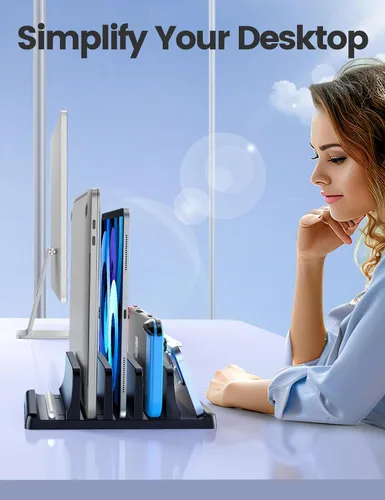Vista 6 de Vaydeer Organizador vertical de 3 ranuras para laptop, soporte de almacenamiento para portátil hecho de plástico ABS de alta calidad, diseño 5 en 1
