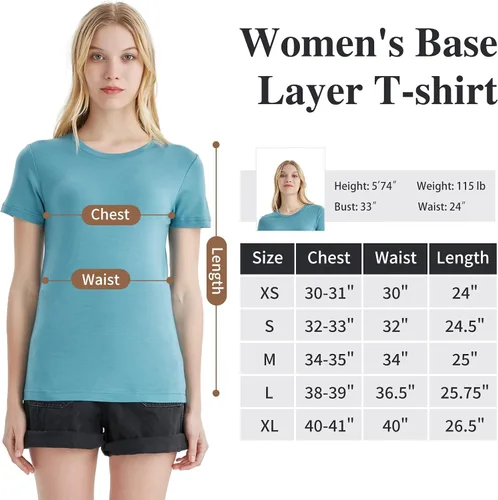 Vista 6 de Merino Protect Camisetas 100% de lana merino para mujer, cuello redondo, manga corta, resistencia al olor, capa base, viajes, senderismo, camiseta