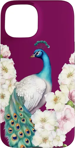 Vista 6 de iPhone 16 Peacock Bird with Long Feathers Watercolor Flowers Case