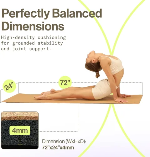 Vista 5 de Ananday Esterilla de yoga de corcho de alta calidad, sostenible, no tóxica y sin PVC, antideslizante, perfecta para yoga caliente, pilates