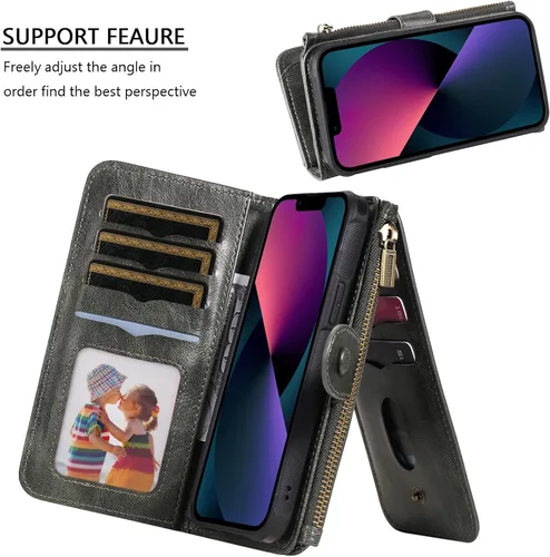 Vista 3 de Asuwish Funda de teléfono para iPhone 13 Mini de 5.4 pulgadas con cremallera, protector de pantalla de vidrio templado y tarjetero para celular