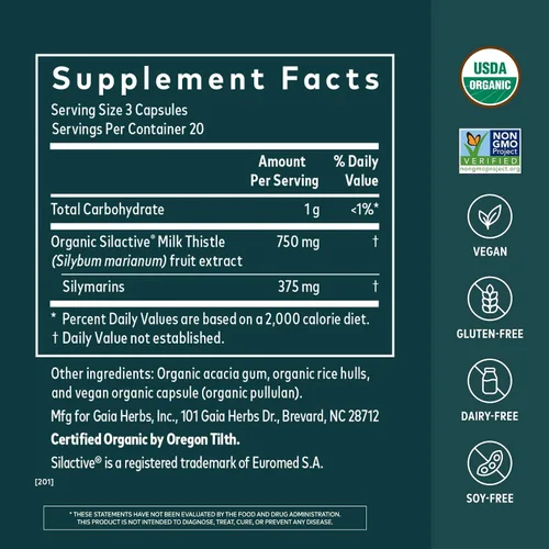 Vista 2 de Gaia Herbs Cardo mariano, 60 cápsulas veganas, 20 porciones