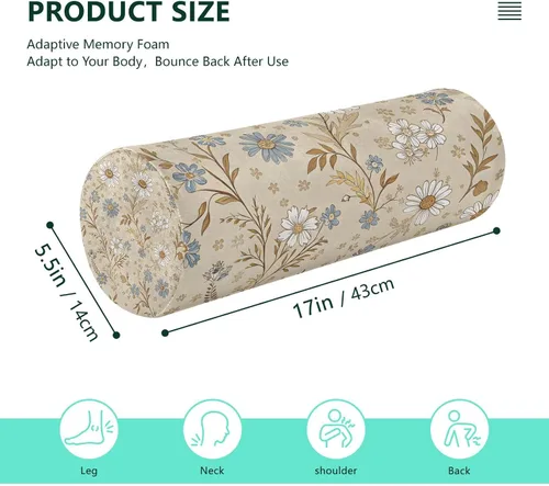 Vista 3 de Blue and White Flowers Cervical Roll Pillow, 17" Neck Support Bolster Pillow, Round Pillow for Sleeping Support and Pain Relief, with Removable