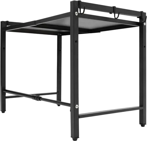 Vista 5 de Estante extensible para horno de microondas, estante ajustable para encimera de cocina, soporte de microondas de 2 niveles con 6 ganchos para Negro