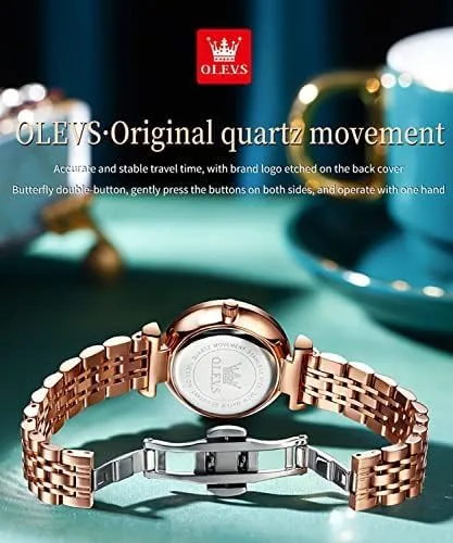 Vista 8 de OLEVS Relojes de mujer Vestido simple Reloj de mujer Reloj de acero inoxidable de oro rosa Reloj impermeable de cuarzo con fecha de lujo