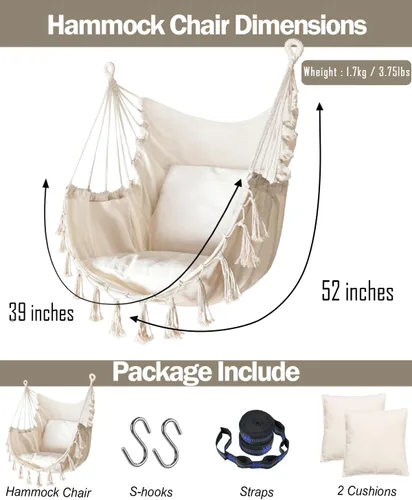 Vista 6 de Halalona Silla hamaca colgante de cuerda con 2 cojines y kits de herramientas, resistente y duradero, suave algodón tejido a mano, silla colgante
