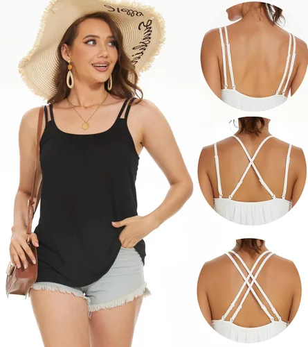 Vista 3 de Camiseta sin mangas plisada para mujer con copa de brasier incorporada, casual, fluida, con correa ajustable (S-4XL)
