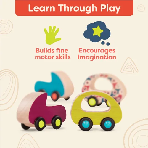 Vista 4 de B. toys Juego de autos de juguete de madera con 6 vehículos coloridos para niños y niños pequeños - Camiones duraderos - Fácil - Juguetes para niños