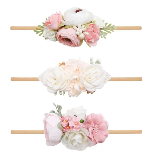 Vista 19 de Diadema floral de nailon para bebé, corona de flores, banda elástica para el cabello, 3 piezas, accesorios para el cabello, regalo para niñas, 2#