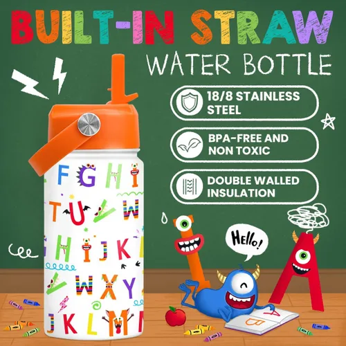 Vista 2 de SANDJEST Botella de agua para niños con tapa con pajilla, botellas de agua de acero inoxidable con aislamiento del alfabeto de 12 onzas para niños