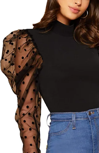Vista 4 de Floerns Blusa de manga abombada con cuello de lunares para mujer