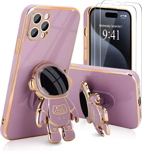 Vista 11 de Pepmune - Funda para iPhone 15 con soporte de astronauta 3D, color negro [2 Screen Protector], Luxury Electroplated Soft TPU Cover with Kickstand