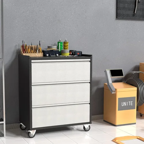 Vista 6 de IDEALHOUSE Armario de herramientas rodante resistente con 3 cajones, carrito de almacenamiento de metal industrial para organización de garaje