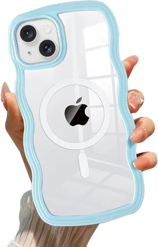Vista 52 de QLTYPRI Funda magnética para iPhone 11 compatible con Magsafe, bonita funda transparente con marco de onda rizada para niñas y mujeres, parachoques