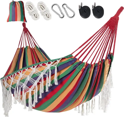Vista 12 de Bellzacasa Hamaca Doble, Resistente, Capacidad de Carga de 500 lb con Borlas y Tejido de Cola de Pez con Correas de Montaje para Camping al Aire