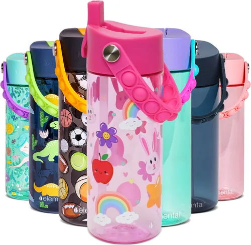 Vista 56 de Elemental Botellas de agua para niños – Botella de agua para niños Splash para la escuela con mango Pop-it – Botella de agua de plástico Tritan sin