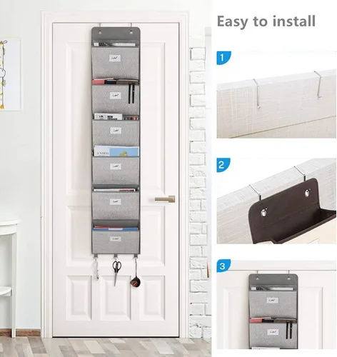 Vista 5 de Organizador de archivos sobre la puerta – 6 bolsillos extra grandes para colgar en la pared, soporte de archivos de almacenamiento para revistas