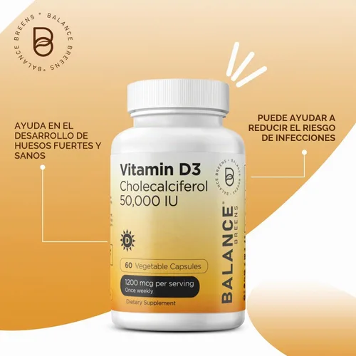 Vista 2 de Balance Breens Vitamina D3 50,000 UI - 60 cápsulas vegetales - Suplemento de vitamina D sin gluten de alta potencia sin OMG