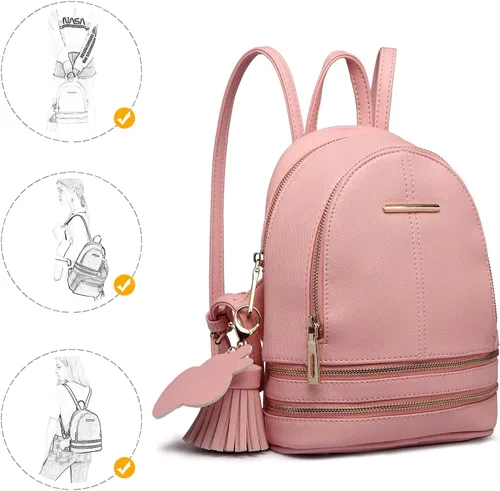 Vista 2 de Miss Lulu Mini mochila para niñas y mujeres, casual, a la moda, linda bolsa de hombro de piel sintética Saffiano