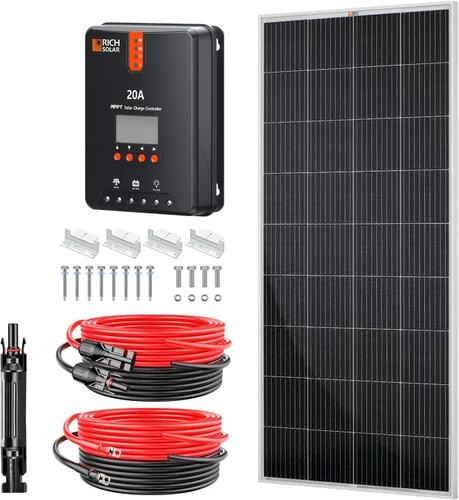 Vista 8 de RICH SOLAR El kit solar de 100 vatios contiene panel monocristalino de alta eficiencia de 100 W con 9 barras colectoras y controlador MPPT de 20 A