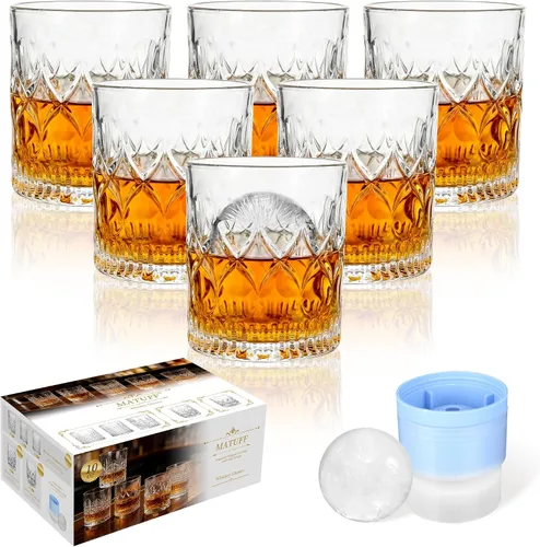 Vista 9 de Juego de vasos de whisky de 6 a 10 onzas con patrones mixtos de cristal, 3 estilos únicos con 6 moldes de bolas de hielo (2 pulgadas) para cócteles