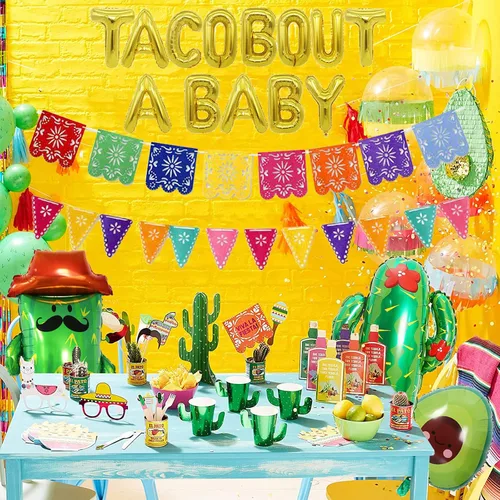 Vista 2 de 26 piezas de decoración Taco Bout a Baby, decoraciones de baby shower de fiesta incluyen globos Taco Bout a Baby, abanicos de papel, pancarta