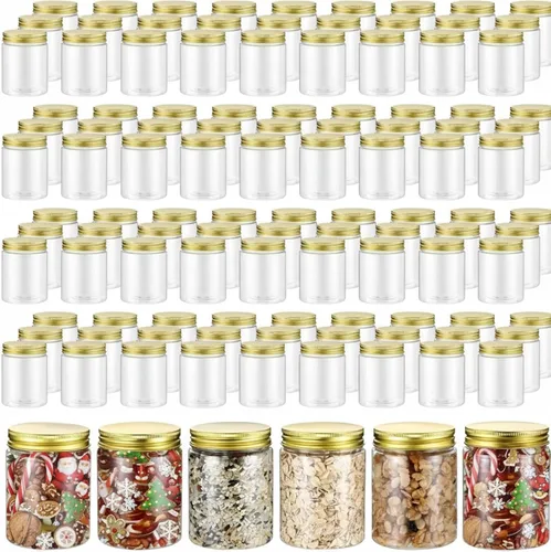 Vista 8 de Wesiti - 60 piezas de recipientes de plástico transparente de 8 onzas con tapas doradas roscadas; envases de plástico transparentes, redondos