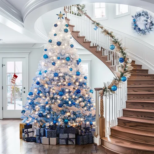 Vista 5 de Yaheetech - Árbol artificial de Navidad preiluminado de 9 pies con 900 luces incandescentes de color blanco cálido, árbol de Navidad con flecos