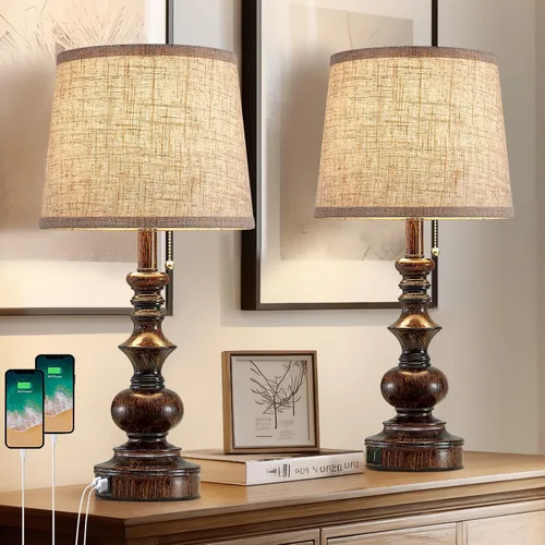 Vista 9 de Drawealth Lámparas Estilo Rústico de 22 pulgadas para Dormitorios, Juego de 2 Lámparas de Mesita de Noche con Puertos de Carga USB, Lámparas de Mesa