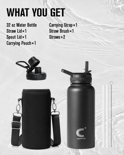 Vista 7 de Coolplus - Botella de agua de 32 onzas aislada, termo de agua de acero inoxidable con popote de metal de doble pared al vacío con funda de Negro