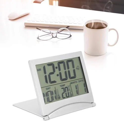 Vista 3 de Reloj electrónico compacto con alarma plegable, fácil de leer, reloj atómico de escritorio, ajuste automático, pantalla de reloj despertador digital