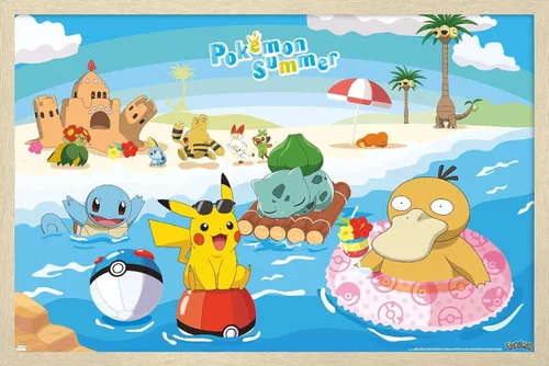 Vista 7 de Trends International Pokémon - Póster de pared de verano, 22.4 pulgadas de largo x 14.7 pulgadas, versión enmarcada en madera de granero