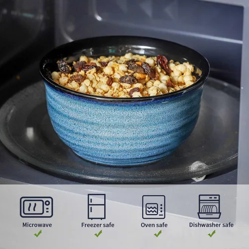 Vista 4 de Hasense - Juego de 6 tazones de cereales, 20 onzas, juego de tazones de sopa de cerámica para cocina, apto para cereales, sopa, arroz, pasta, Azul