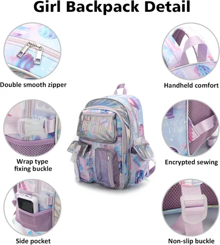 Vista 5 de Robhomily Mochila de 17 pulgadas para niñas con múltiples bolsillos, Hacer Magic-pink, Mochila escolar para niñas