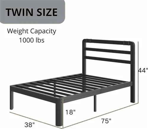 Vista 2 de ZIYOO Marco de cama de plataforma de metal individual de 18 pulgadas con cabecero, base de cama de listones de acero resistente de 1000 libras
