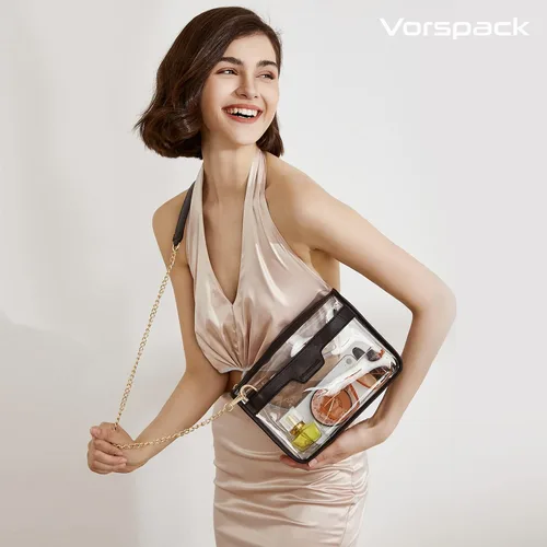 Vista 3 de Vorspack Bolso transparente aprobado para estadios, bolsa transparente para mujer, bolsa cruzada transparente para eventos deportivos, conciertos