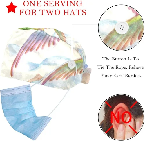 Vista 2 de Working Cap with Buttons Sweatband Ribbon Tie Back Bouffant Hats, Chinese Style Painting Bird Peony Floral