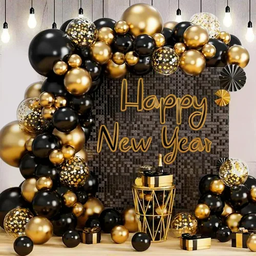 Vista 4 de Felice Arts Decoración de fiesta de Año Nuevo Confeti de Globos de Látex Kit de Arco de Guirnalda de Globos Negro y Dorado para Decoración de Oro