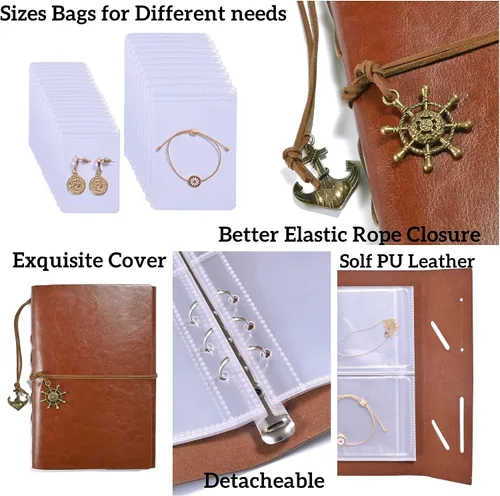 Vista 6 de WILLOWDALE Organizador de joyas de viaje de piel sintética con bolsillos y 60 bolsas de PVC antioxidación, organizador de aretes, estuche de viaje