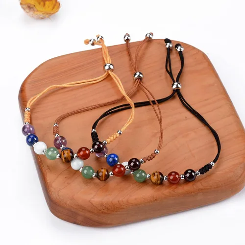 Vista 2 de Cherry Tree Collection - Pulsera de chakra con gemas naturales, cordón de nailon de tamaño ajustable, cuentas de 6 mm, espaciadores plateados, de 13