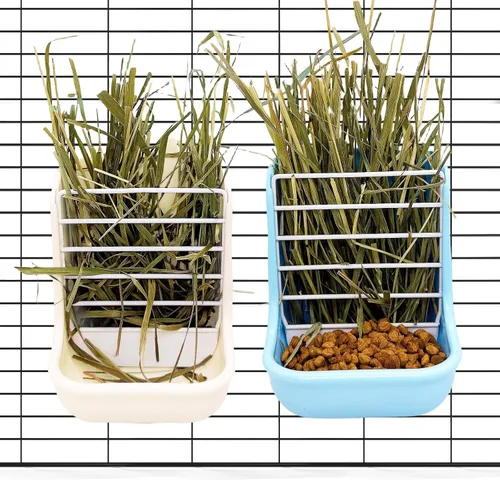 Vista 10 de Hamiledyi 2 unidades de comederos de heno para conejos, cuencos 2 en 1, soporte doble de alimentación para conejos, suministros de alimentos