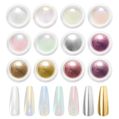 Vista 20 de Polvo de uñas cromado dorado LEDSUUEI Super Mirror Nail Glitter, polvo de metal Holo cromo para uñas, pigmento blanco aurora, dona vidriosa perla