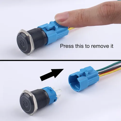 Vista 4 de 2 piezas interruptor de botón pulsador con pestillo de 16mm, 12V-24V, encendido/apagado, 1NO 1NC, impermeable IP66, carcasa de metal negro
