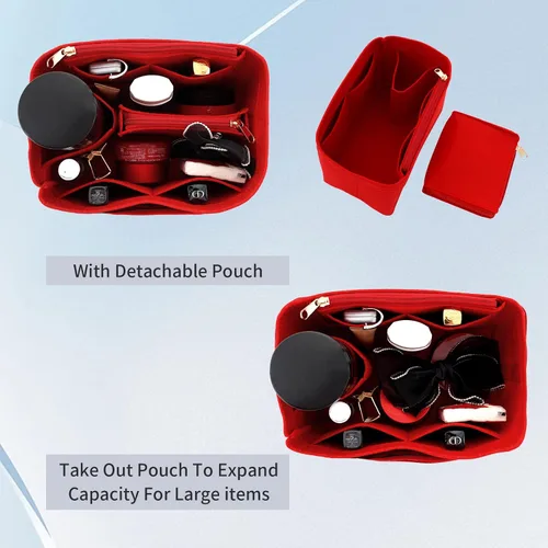Vista 3 de Organizador de bolsas de fieltro compatible con Speedy, Neverfull, organizador de bolsos de alta calidad con bolsillos con cremallera (M, rojo)