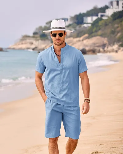Vista 2 de COOFANDY Conjunto de 2 piezas de lino para hombre, camisas Henley casuales de manga corta, pantalones cortos de yoga para playa, pantalones cortos